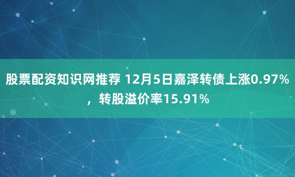 股票配资知识网推荐 12月5日嘉泽转债上涨0.97%，转股溢价率15.91%